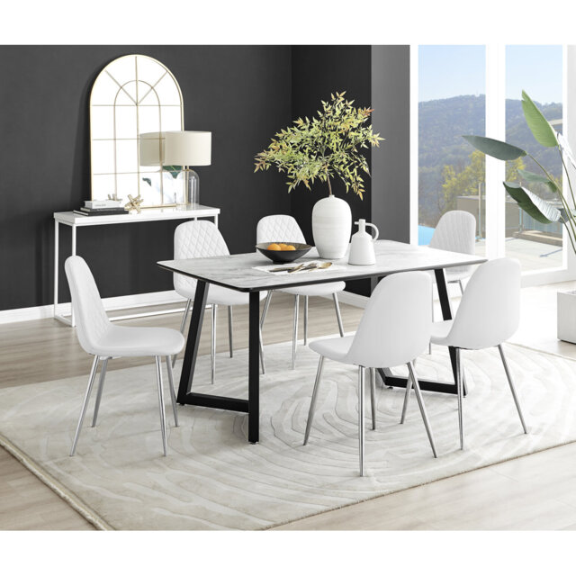 Industrial Design White & Grey Marble Effect Melamine Dining Table Set with 6 Faux Leather Chairs