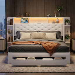 Smart LED White Velvet Upholstered Storage Bed With Bookcase Headboard & Charging Station (USB/Type-C), 140X200cm European Double / 160X200cm King, 2