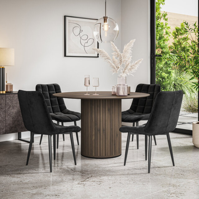 Arlo Walnut Table Top W Walnut Legs + Nova Velvet Dining Chair Beige Set Of 6
