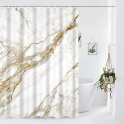 Pack of 1 White Gold Marble Minimalist Modern Abstract Bath Curtain with Hooks