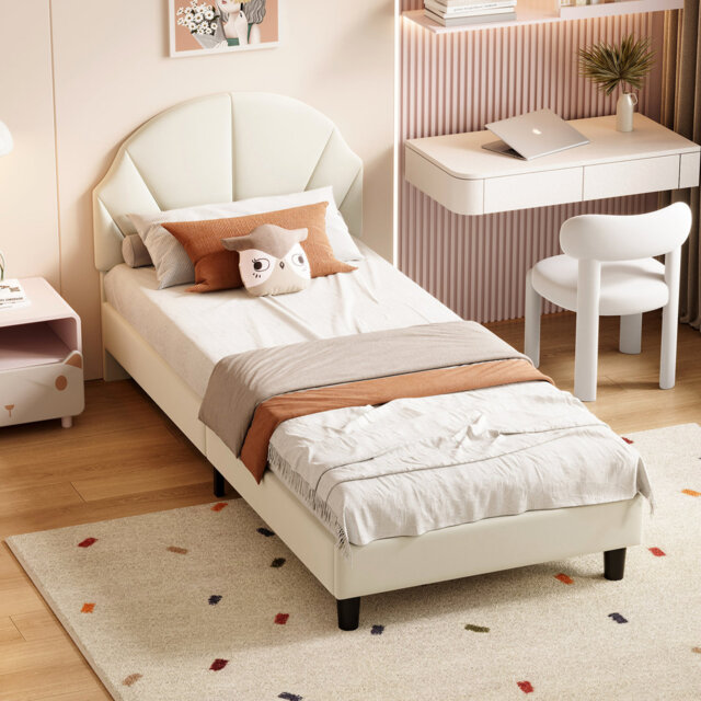 Velvet Kids Bed Frame with Fan-Shaped Upholstered Headboard