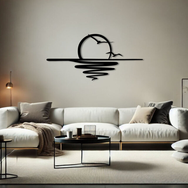 Sunset Horizon And Birds Metal Line Art Wall Decor