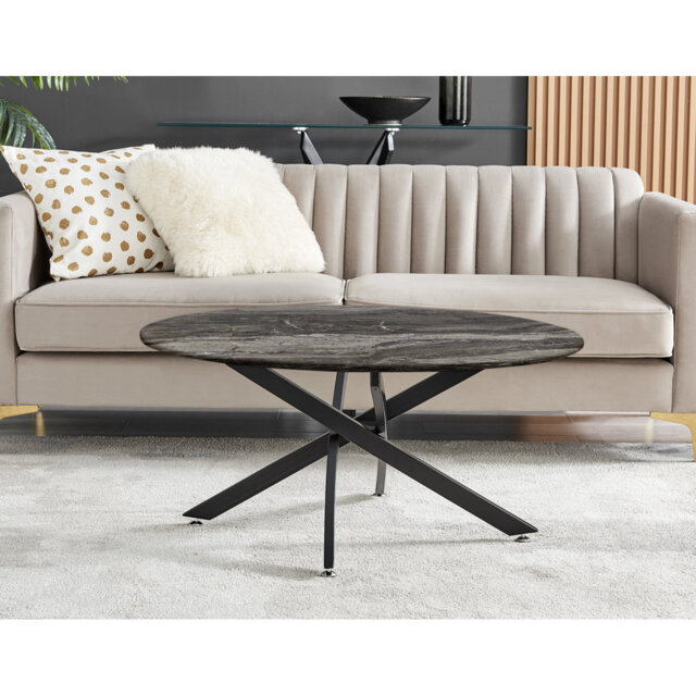 Cesarino Marble Effect Round Coffee Table - Glass Topped Metal Leg Centre Table