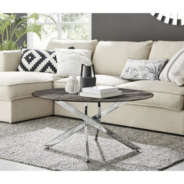 Cesarino Marble Effect Round Coffee Table - Glass Topped Metal Leg Centre Table