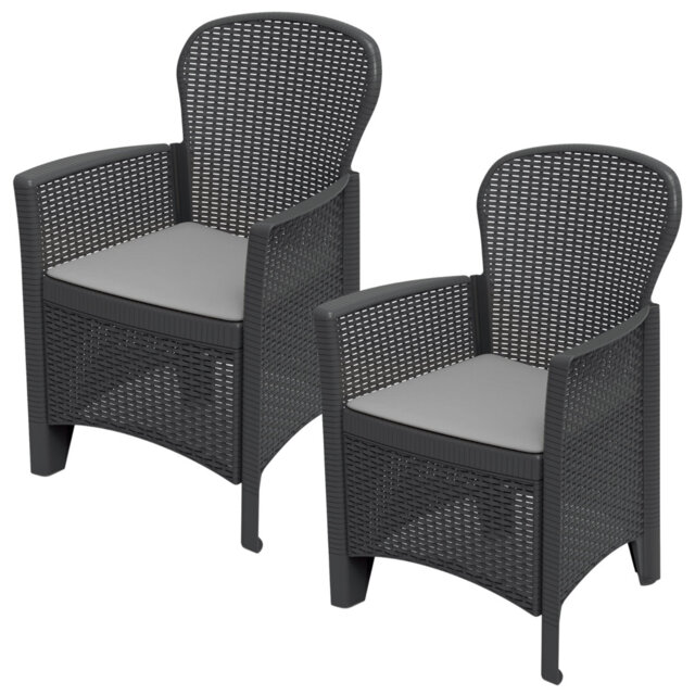 Kirrily 2 X Anthracite Folia Plastic Garden Chair Cushioned Seat Rattan Look Outdoor Furniture