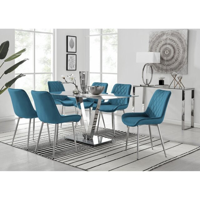 Ransart Modern Luxury Glass & Metal Dining Table Set With 6 Luxury Velvet Dining Chairs