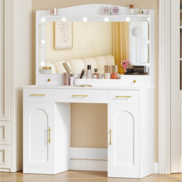 Dressing Table with Large Mirror, Vanity Desk with 3-Colour LED Adjustable Lights, Bedroom Vanity Table Makeup Desk with 5 Drawers and 2 Storage Cabin
