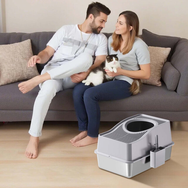 Stainless Steel Cat Litter Box Enclosed, Large Stainless Steel Cat Litter Tray with Lid/Scoop, Extra Deep Covered Toilet for Cat Kitten, Odour-Resista