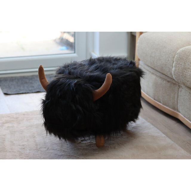 Highland Cow synthetic fur footstool with wooden legs