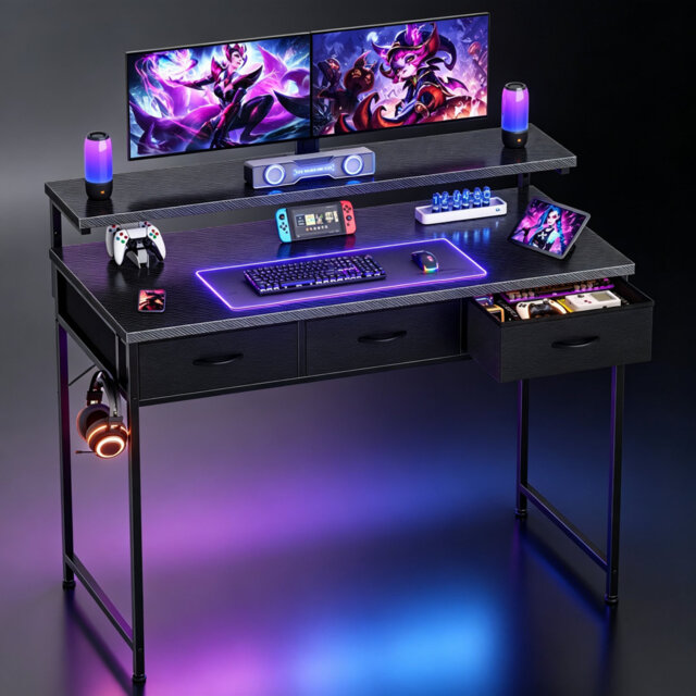100cm Gaming Desk with Carbon Fibre Surface, Adjustable Ergonomic Monitor Riser, 3 Storage Drawers & Detachable Headset Hanger, Multi-Functional Compu