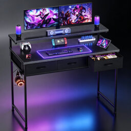 100cm Gaming Desk with Carbon Fibre Surface, Adjustable Ergonomic Monitor Riser, 3 Storage Drawers & Detachable Headset Hanger, Multi-Functional Compu