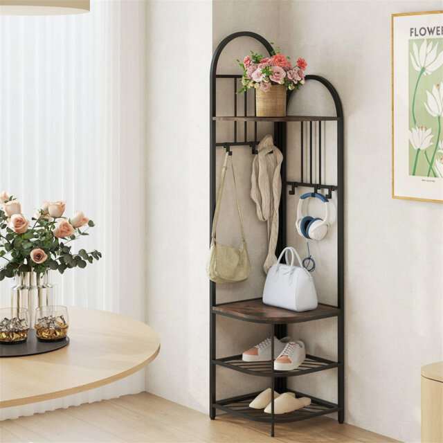 Coat Rack Stand, 180Cm Tall Freestanding Corner Hall Tree With Shoe Bench, Storage Shelves & 6 Movable Hooks, 4-Tier Metal Clothes Rack Hanger Organiz