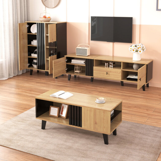 3-piece Living Room Set - Modern Tv Stand, Coffee Table & Led Sideboard, Wood & Black