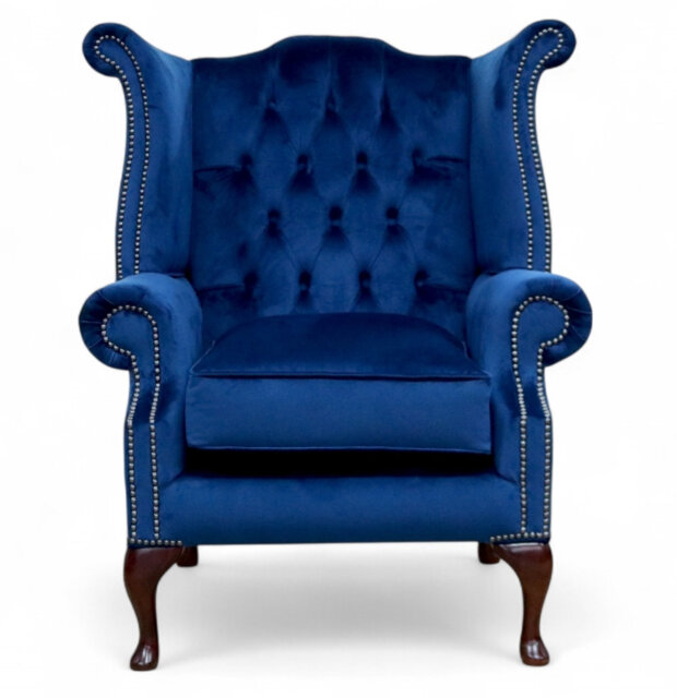Special Offer Chesterfield Queen Anne High Back Wing Armchair Plush Marine Blue Velvet Fabric