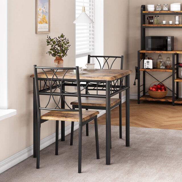 3-Piece Dining Table Set for 2, Industrial Wooden Kitchen Table and Chairs with Metal Frame and Space Saving Design for Apartment