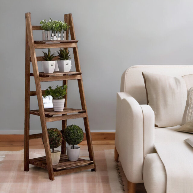 Sawyerville 4 Tier Free Standing Ladder Shelf Wooden Plant Stand