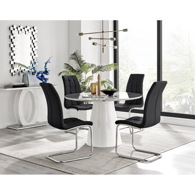 Edzard Statement Round Dining Table Set in Luxury Marble Effect & 4 Faux Leather Dining Chairs