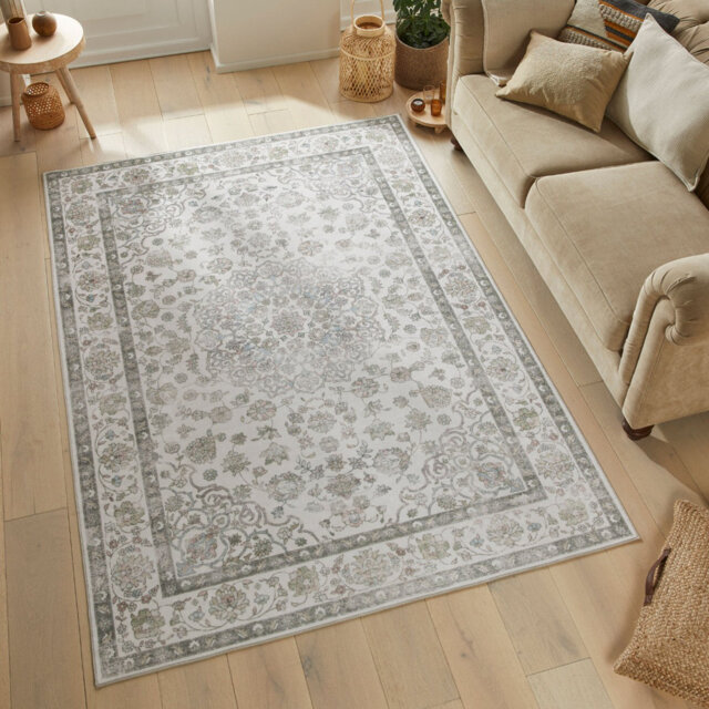 Ivory Traditional Soft Washable Rug For Bedroom, Dining Room, Stain Resistant Modern Rug