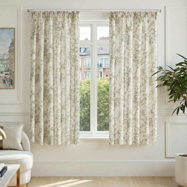 Linen Look Sheer Curtains Green Floral Pattern Net Curtain 2 Panels 140 x 183 cm