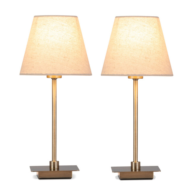 Pair (2x) Square Stick Antique Brass Metal Bedside Table Lamp