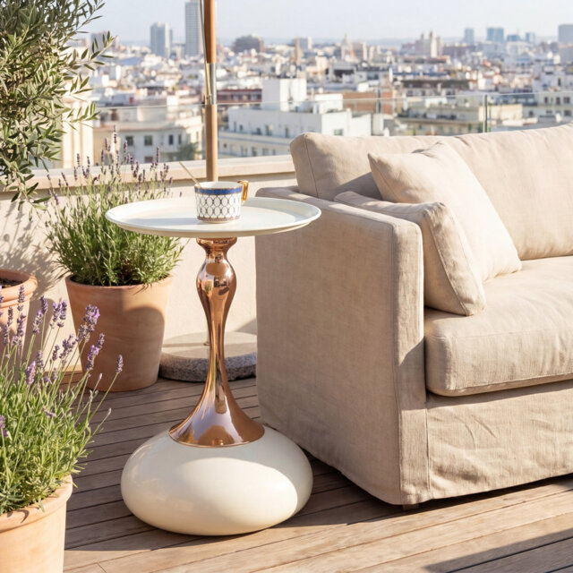 Modern Round Martini Side Table, 38Cm Accent End Table With Metal Base For Living Room, Bedroom & Balcony