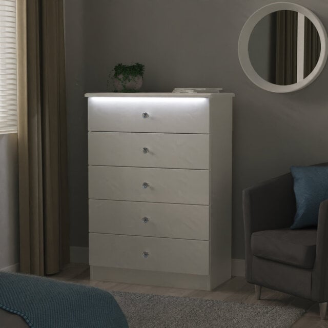 Lumiere 5 Drawer Chest with LED lights in White Gloss & White (Ready Assembled)