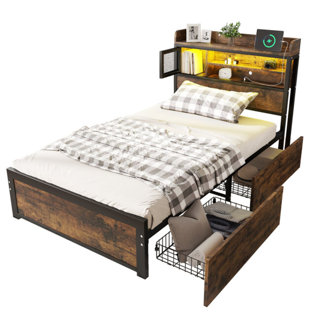 James Metal Single Bed with LED Strip, Drawers & USB Ports