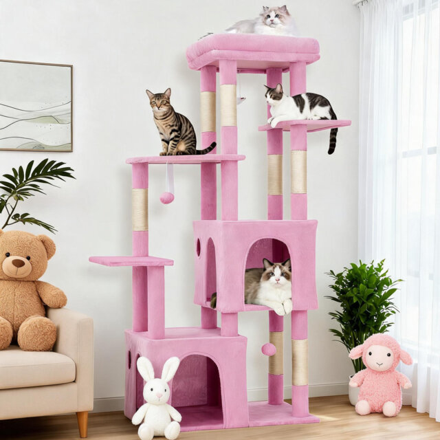 "61"" Large Cat Tree for Indoor Cats, Heavy-Duty Multi-Level Cat Condo for Maine Coon & Big Cats with Extra-Large Perch, 2 Spacious Houses, Sisal Scratc"