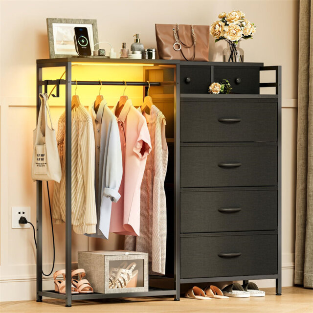 Chest Of Drawers Bedroom With Hanging Rail, With LED Lighting And Power Socket, Reversible 6-Drawer Design, Fabric Chest Of Drawers For Bedrooms And L