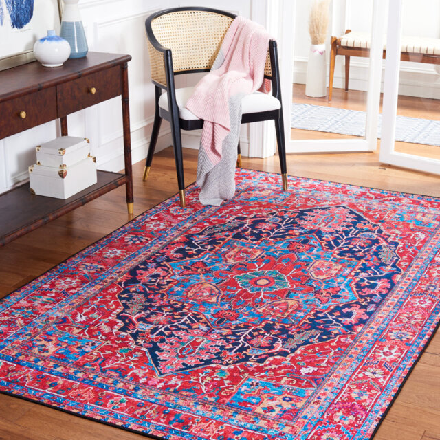 Tucson Vintage Look Machine Washable Non-Slip Area Rug in Red, Pink & Blue