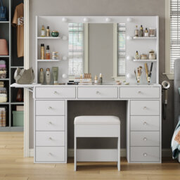 Dressing Table With LED Mirror And Power Outlet, 11 Drawers, 4 Shelves, Fold-Up Panel, 3 Lighting Modes, Stool Included