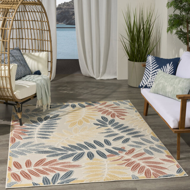 Floral Indoor/Outdoor Ivory Blue Area Rug
