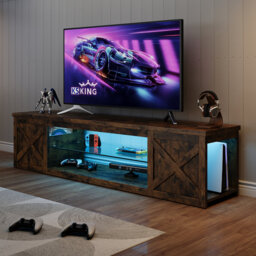 Farmhouse TV Stand with RGB LED Lights, Adjustable Glass Shelf & X-Shaped Barn Doors, Media Console Table for TV Up to 65/80 Inch, 2 Sizes (148cm/180c