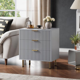 Fluted 3-Drawer Wooden Nightstand Dresser, 59x39x75cm Grille Bedside Cabinet with Gold Metal Legs & Handles, Multi-Purpose Storage Table for Bedroom,