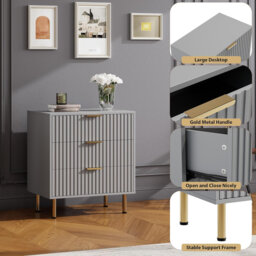 Fluted 3-Drawer Wooden Nightstand Dresser, 59x39x75cm Grille Bedside Cabinet with Gold Metal Legs & Handles, Multi-Purpose Storage Table for Bedroom,