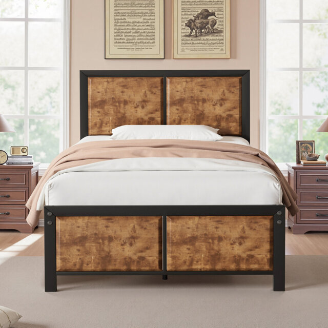 Single/Double Size Bed Frame with Wood Headboard and Footboard, Metal Platform Mattress Foundation with Strong Steel Slats, No Box Spring Needed