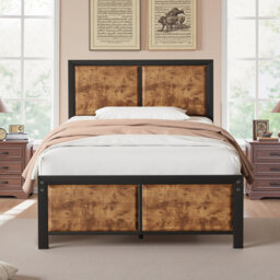 Single/Double Size Bed Frame with Wood Headboard and Footboard, Metal Platform Mattress Foundation with Strong Steel Slats, No Box Spring Needed