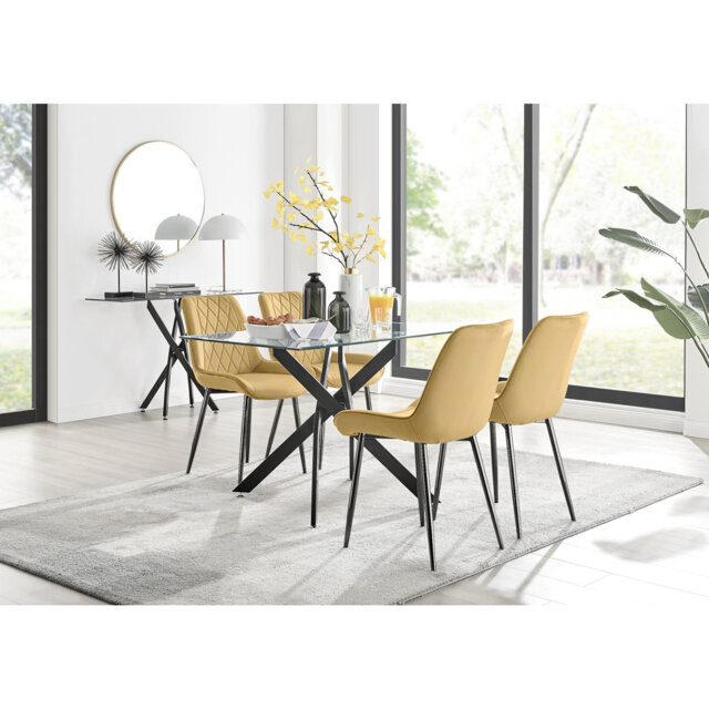 Lenworth Glass Rectangular Dining Table Set with 4 Luxury Velvet Chairs