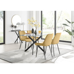 Lenworth Glass Rectangular Dining Table Set with 4 Luxury Velvet Chairs