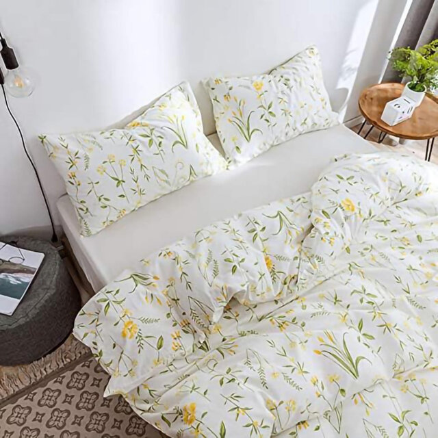 Yellow Green Floral flower Soft Zipper Bed Bedding Duvet Cover Set Double White 200×200cm