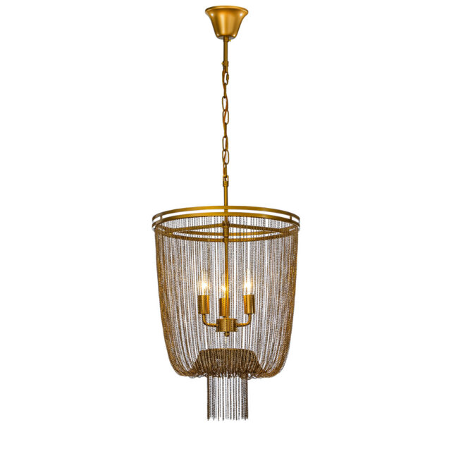 Agarita 3-Light Mid Century Modern Empire Gold Metal Chain Tassel Chandelier at Adjust Height