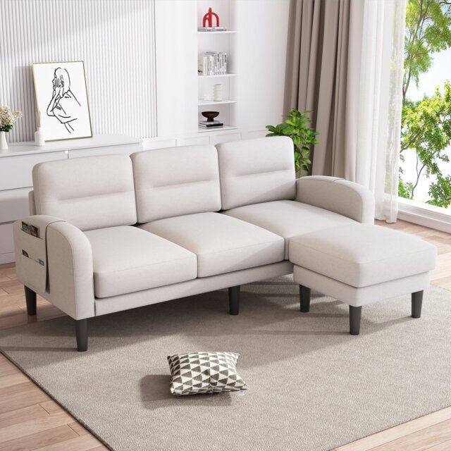 Linen L Shaped Corner Sofa Flexible Sectional 3 Seater Sofa With Chaise Lounge