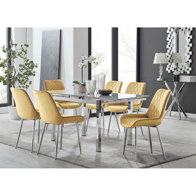 Tierra Modern Glass & Metal Extendable Dining Table Set & 6 Luxury Upholstered Velvet Dining Chairs