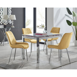 Tierra Modern Glass & Metal Extendable Dining Table Set & 6 Luxury Upholstered Velvet Dining Chairs