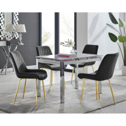 Tierra Modern Glass & Metal Extendable Dining Table Set & 6 Luxury Upholstered Velvet Dining Chairs