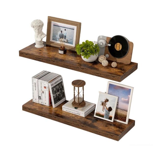 29.5cm Deep Floating Shelves, 60cm Floating Wall Shelves, Wooden Vintage Brown Storage Set of 2