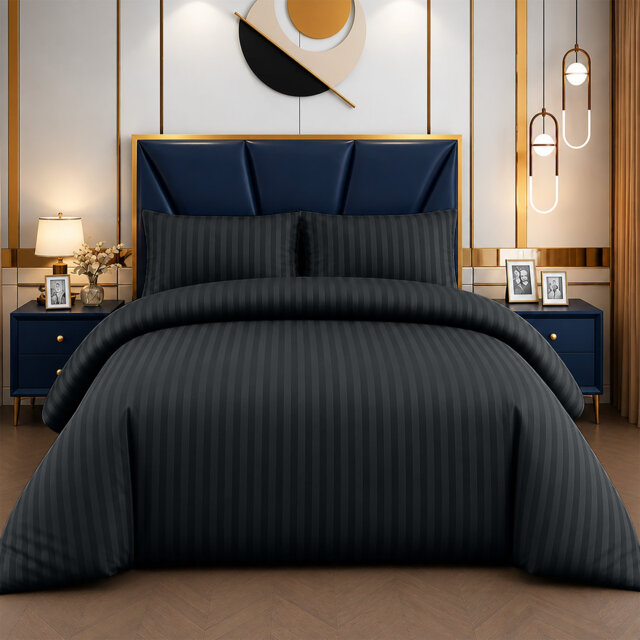Microfiber Striped Duvet Cover Set with Matching Pillowcases and Stripe Fitted Sheet