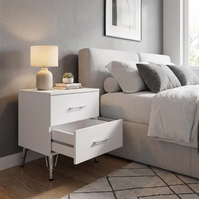 Maldon White 2 Drawer Bedside Table Modern Nightstand With Chrome Legs & Handles Sturdy 15mm Board Construction Compact Bedroom Storage Unit H54 X W45