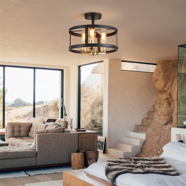 Vintage Semi-Flush Ceiling Light Fixture, 3 Lights (E27 Medium Bulbs) Round Farmhouse Chandelier
