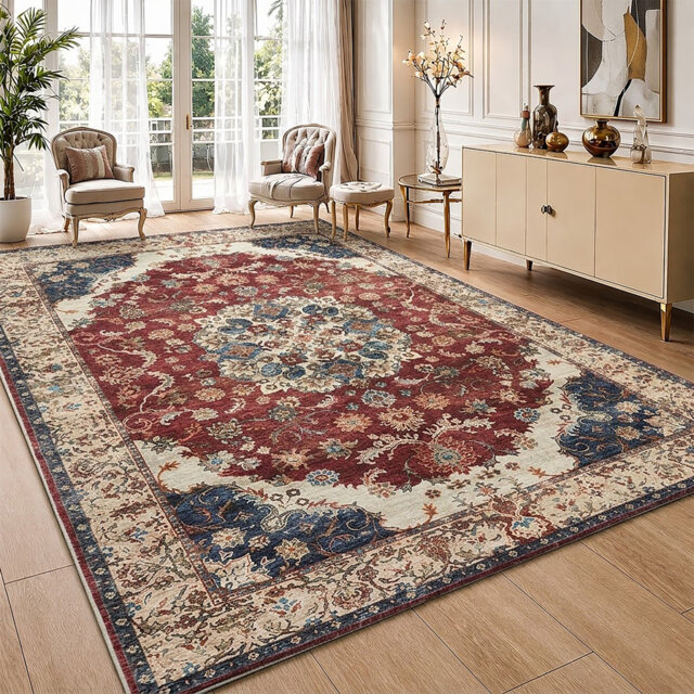 Soft Cashmere Feel Area Rug – Non Slip Low Pile Living Room & Bedroom Carpet, Machine Washable